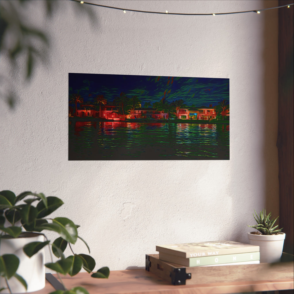 Neon Waterfront Fine Art Poster — Moody Nightscape Beach Houses Print