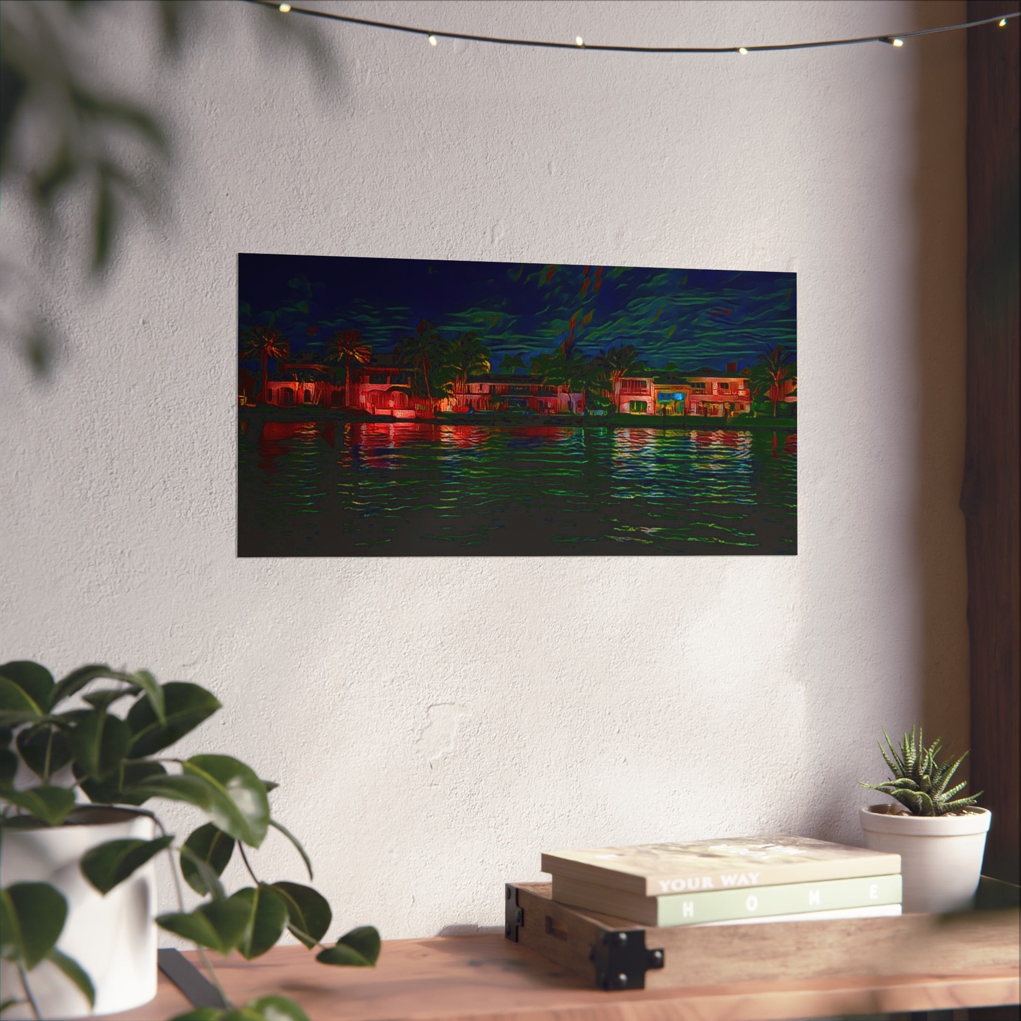 Neon Waterfront Fine Art Poster — Moody Nightscape Beach Houses Print